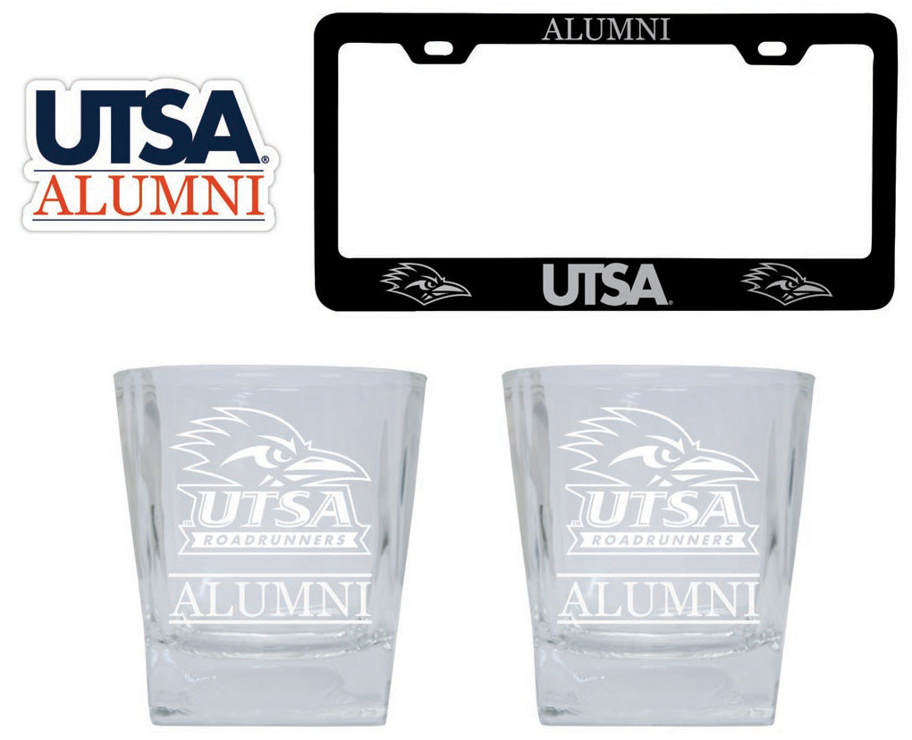 UTSA Road Runners Collegiate Alumni Gift Set Engraved Whiskey Glasses, License Plate Frame & Decal 