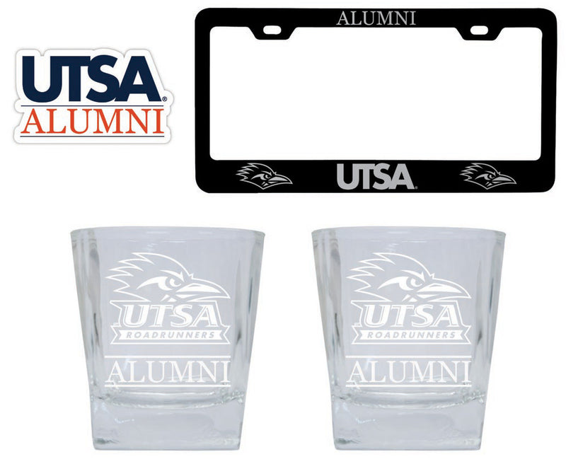 UTSA Road Runners Collegiate Alumni Gift Set Engraved Whiskey Glasses, License Plate Frame & Decal 