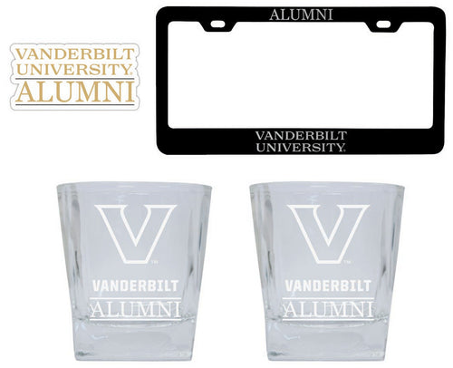 Vanderbilt University Collegiate Alumni Gift Set Engraved Whiskey Glasses, License Plate Frame & Decal 