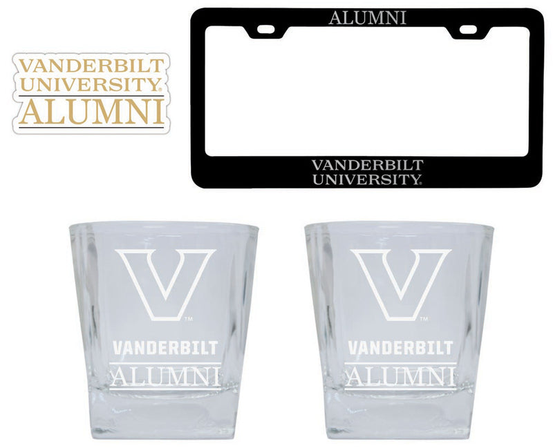 Vanderbilt University Collegiate Alumni Gift Set Engraved Whiskey Glasses, License Plate Frame & Decal 