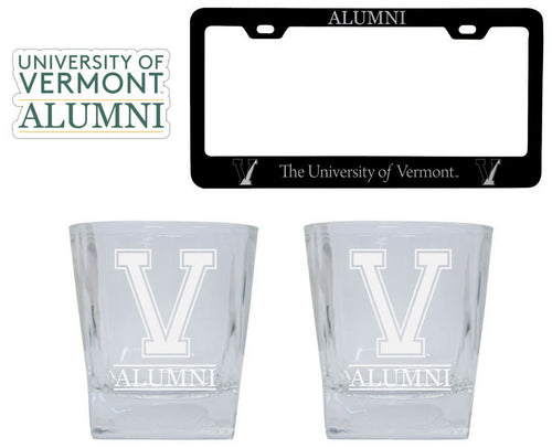 Vermont Catamounts Collegiate Alumni Gift Set Engraved Whiskey Glasses, License Plate Frame & Decal 