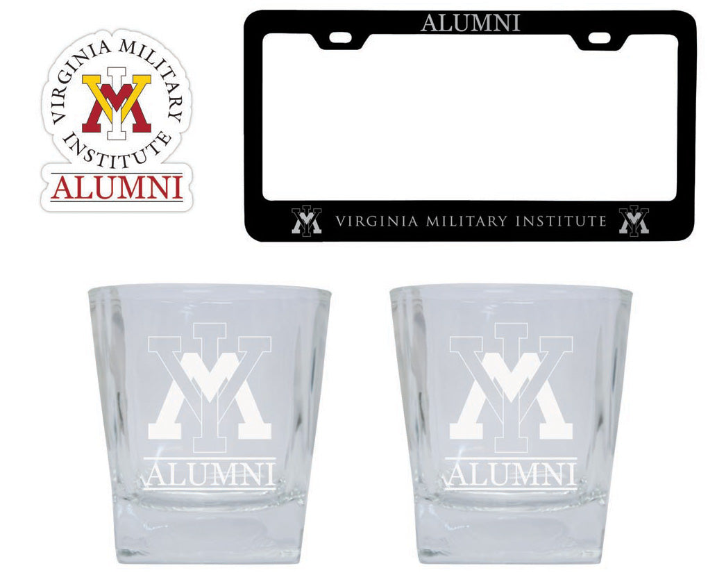 VMI Keydets Collegiate Alumni Gift Set Engraved Whiskey Glasses, License Plate Frame & Decal 
