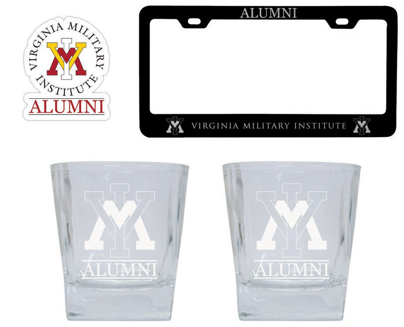 VMI Keydets Collegiate Alumni Gift Set Engraved Whiskey Glasses, License Plate Frame & Decal 