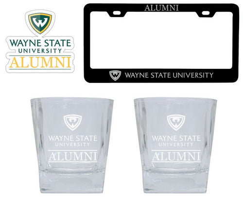Wayne State Collegiate Alumni Gift Set Engraved Whiskey Glasses, License Plate Frame & Decal 