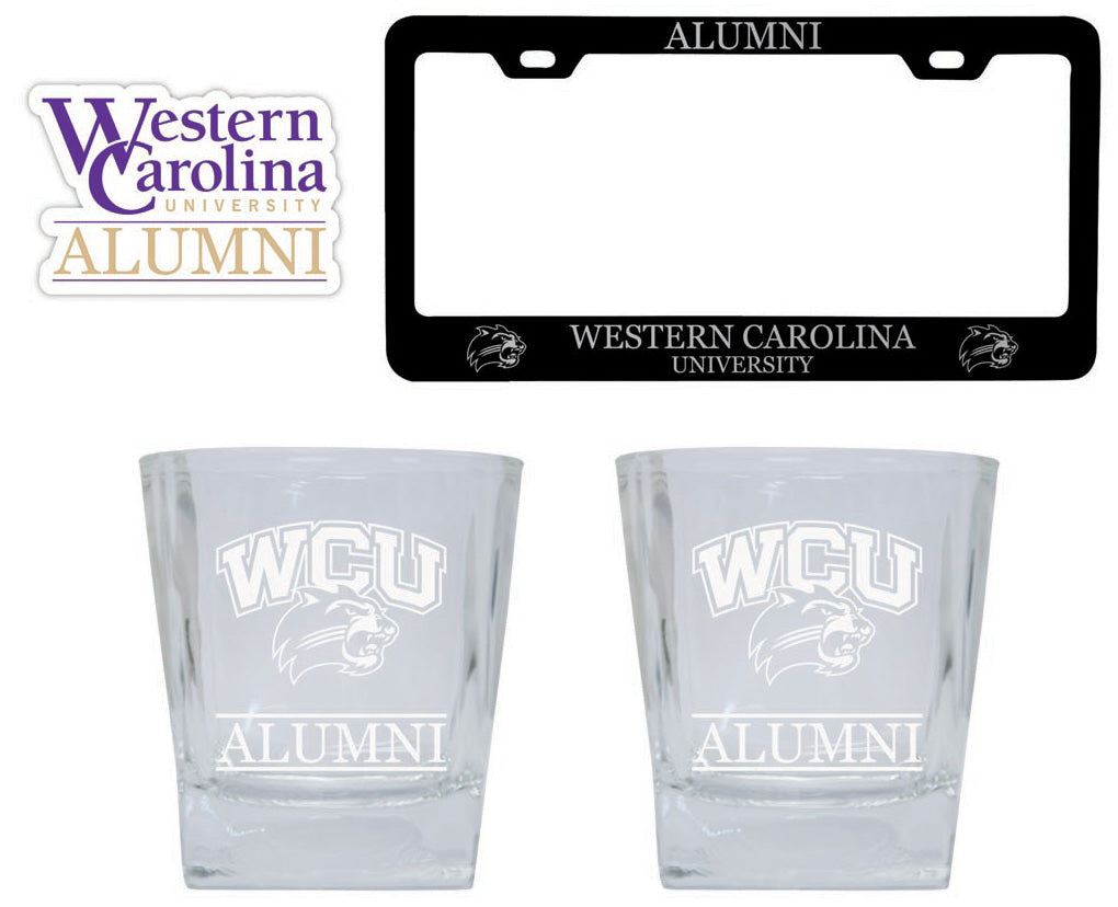 Western Carolina University Collegiate Alumni Gift Set Engraved Whiskey Glasses, License Plate Frame & Decal 