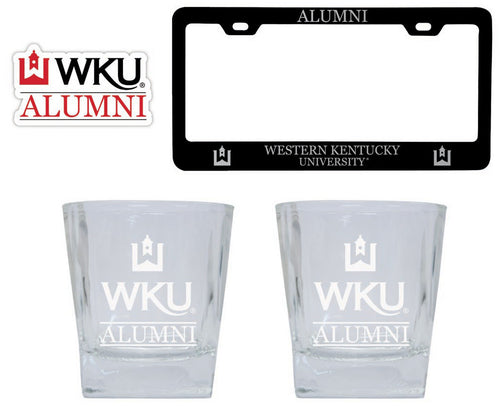 Western Kentucky Hilltoppers Collegiate Alumni Gift Set Engraved Whiskey Glasses, License Plate Frame & Decal 