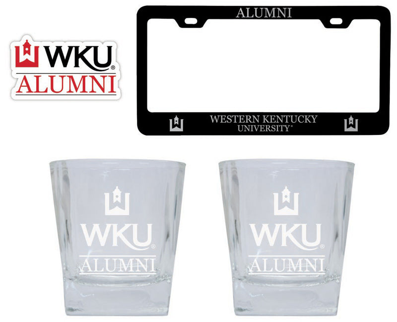 Western Kentucky Hilltoppers Collegiate Alumni Gift Set Engraved Whiskey Glasses, License Plate Frame & Decal 