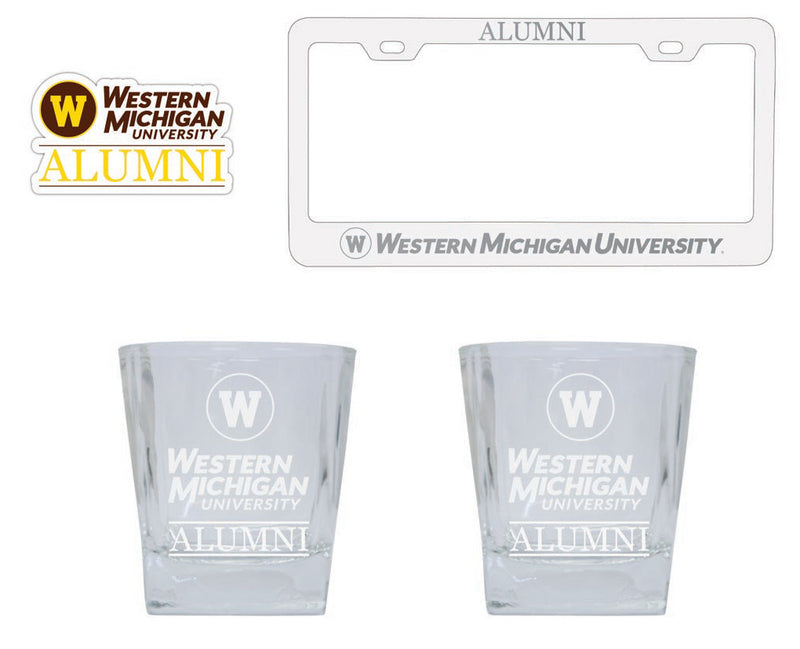 Western Michigan University Collegiate Alumni Gift Set Engraved Whiskey Glasses, License Plate Frame & Decal 