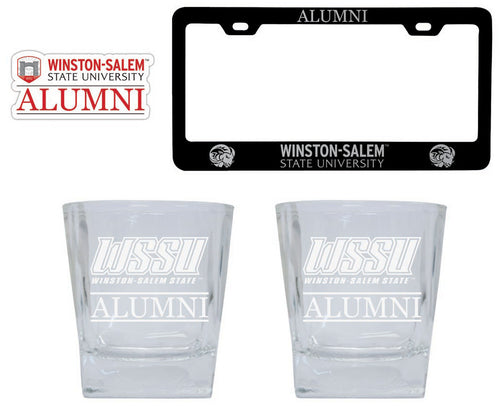 Winston-Salem State Collegiate Alumni Gift Set Engraved Whiskey Glasses, License Plate Frame & Decal 