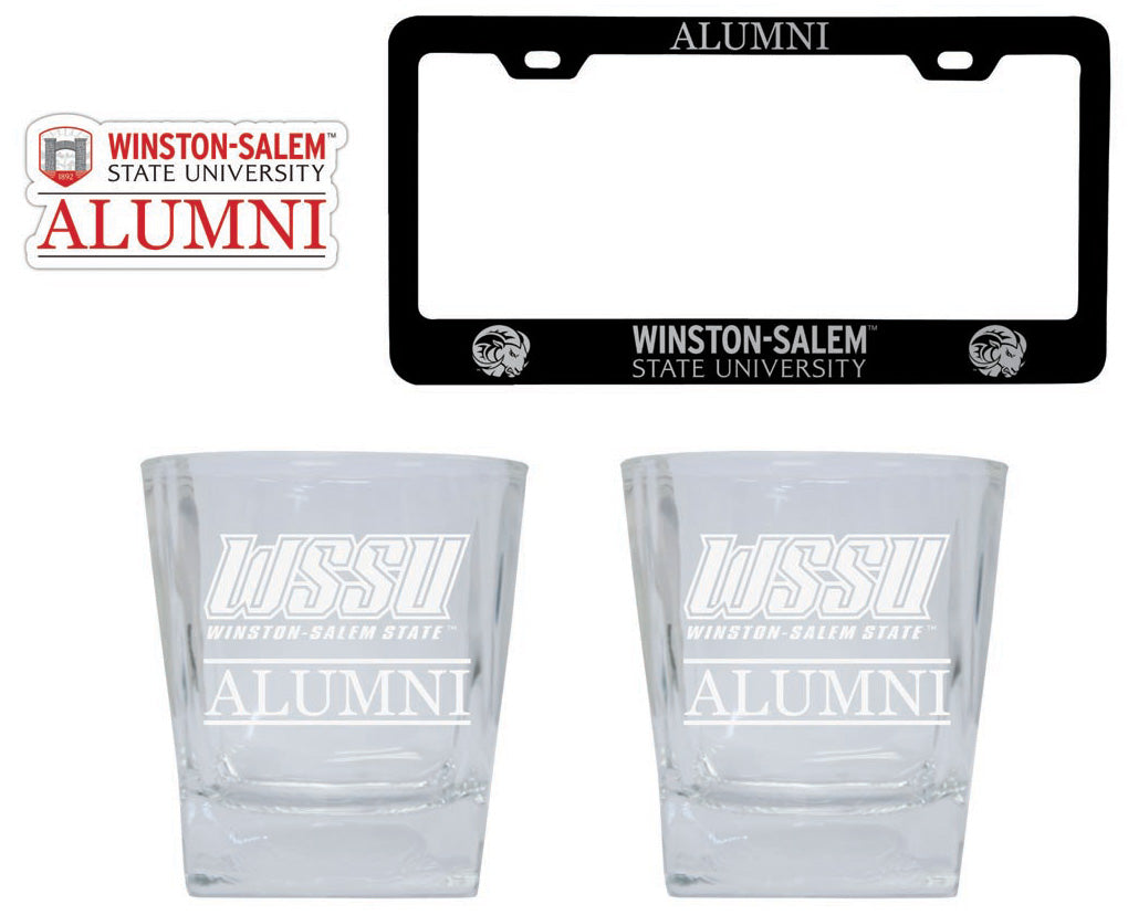 Winston-Salem State Collegiate Alumni Gift Set Engraved Whiskey Glasses, License Plate Frame & Decal 