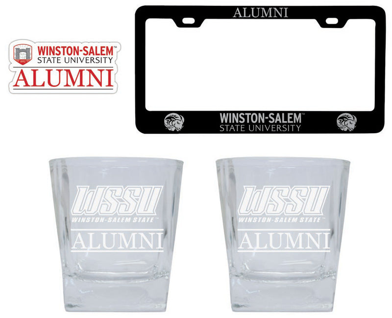 Winston-Salem State Collegiate Alumni Gift Set Engraved Whiskey Glasses, License Plate Frame & Decal 