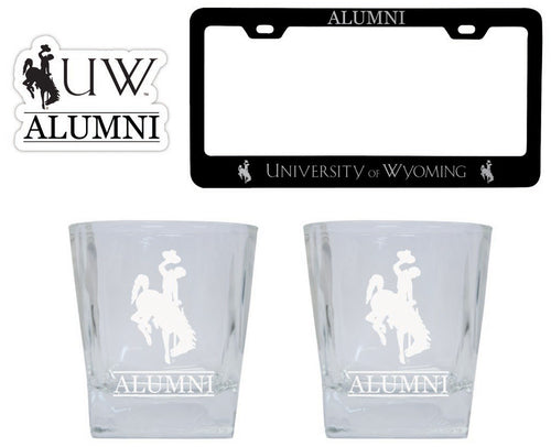 University of Wyoming Collegiate Alumni Gift Set Engraved Whiskey Glasses, License Plate Frame & Decal 