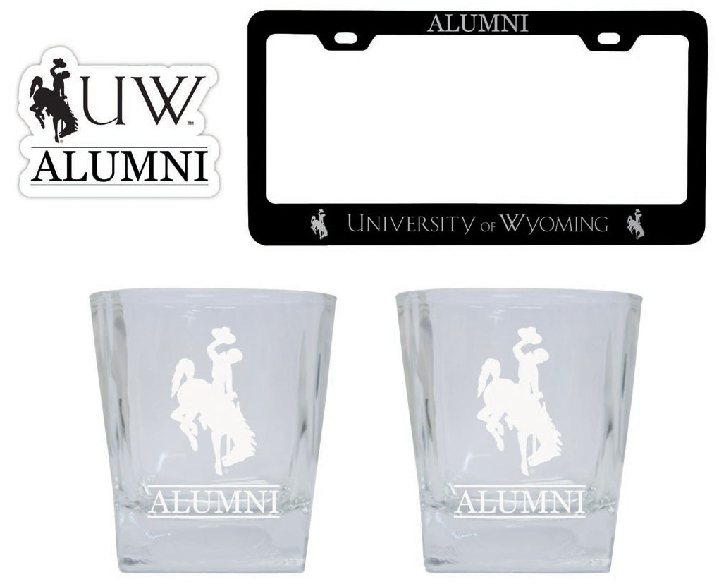 University of Wyoming Collegiate Alumni Gift Set Engraved Whiskey Glasses, License Plate Frame & Decal 