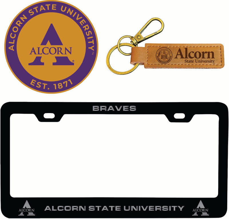 Alcorn State Braves Officially Licensed Auto Pack - Engraved Metal License Plate Frame, Leather Keychain & 2-Pack Logo Stickers 