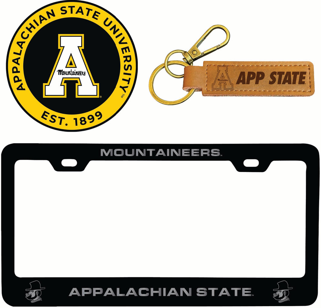 Appalachian State Officially Licensed Auto Pack - Engraved Metal License Plate Frame, Leather Keychain & 2-Pack Logo Stickers 