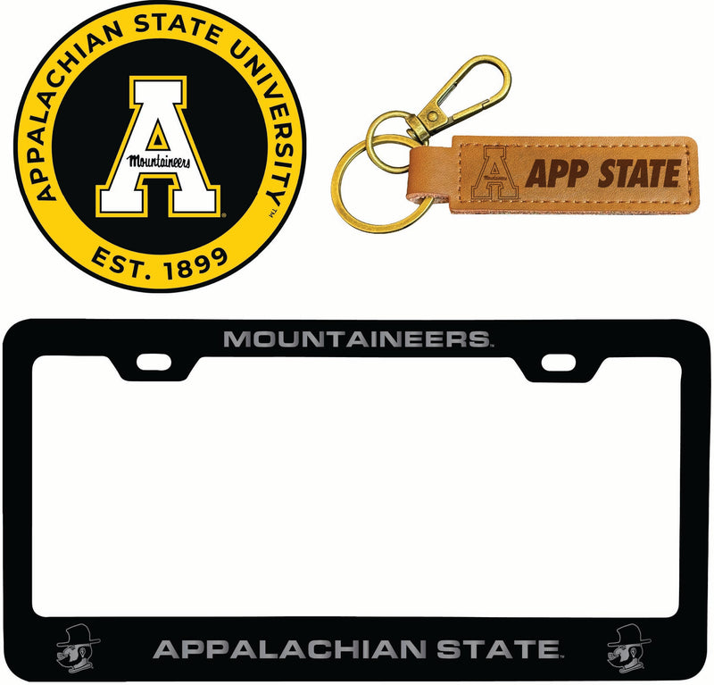 Appalachian State Officially Licensed Auto Pack - Engraved Metal License Plate Frame, Leather Keychain & 2-Pack Logo Stickers 