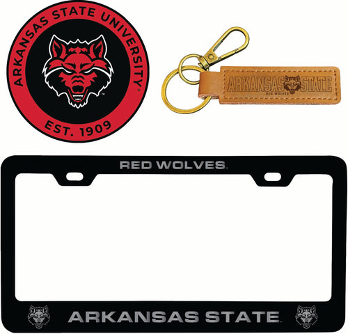 Arkansas State Officially Licensed Auto Pack - Engraved Metal License Plate Frame, Leather Keychain & 2-Pack Logo Stickers 