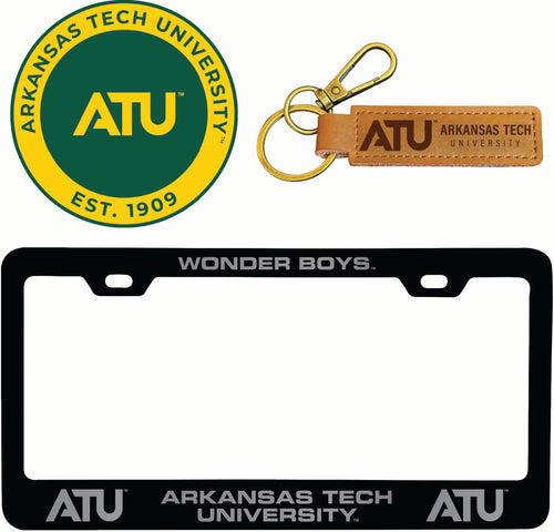 Arkansas Tech University Officially Licensed Auto Pack - Engraved Metal License Plate Frame, Leather Keychain & 2-Pack Logo Stickers 