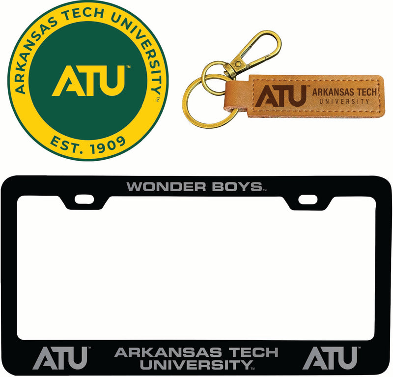 Arkansas Tech University Officially Licensed Auto Pack - Engraved Metal License Plate Frame, Leather Keychain & 2-Pack Logo Stickers 