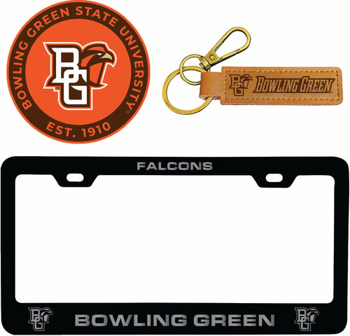 Bowling Green Falcons Officially Licensed Auto Pack - Engraved Metal License Plate Frame, Leather Keychain & 2-Pack Logo Stickers 