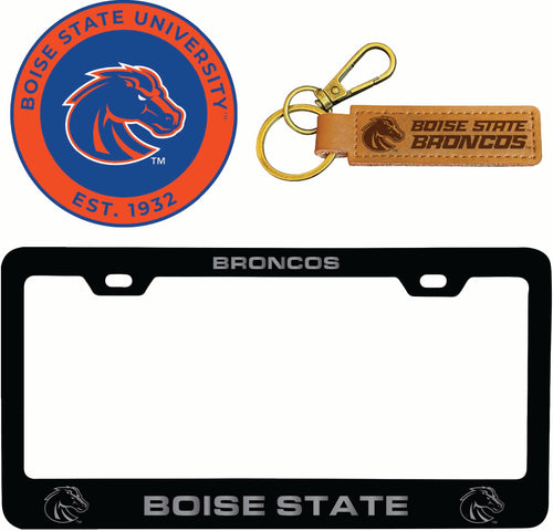 Boise State Broncos Officially Licensed Auto Pack - Engraved Metal License Plate Frame, Leather Keychain & 2-Pack Logo Stickers 