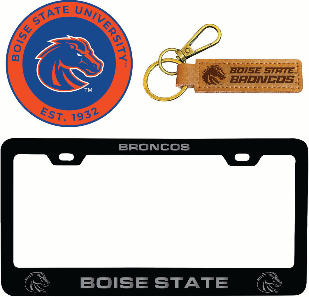 Boise State Broncos Officially Licensed Auto Pack - Engraved Metal License Plate Frame, Leather Keychain & 2-Pack Logo Stickers 