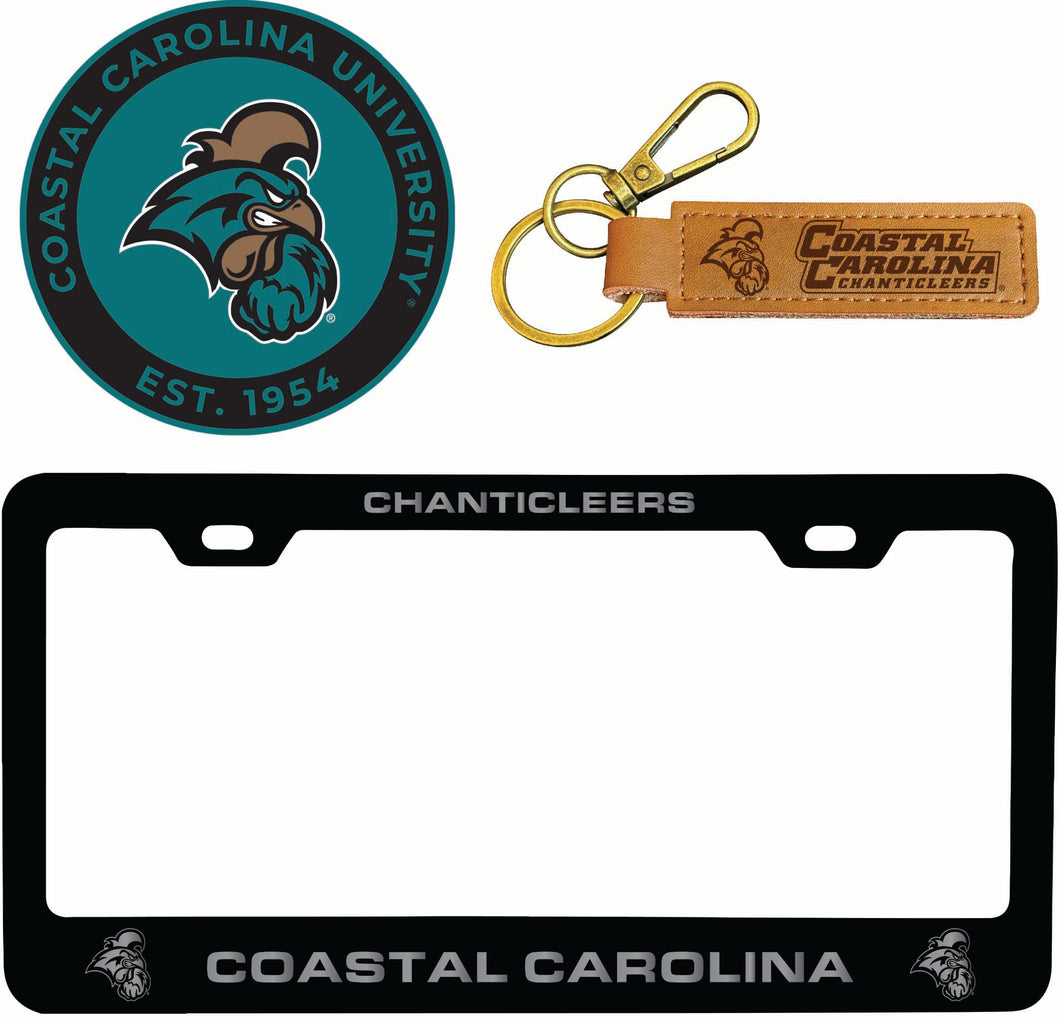 Coastal Carolina University Officially Licensed Auto Pack - Engraved Metal License Plate Frame, Leather Keychain & 2-Pack Logo Stickers 