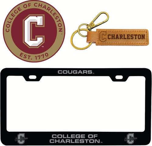 College of Charleston Officially Licensed Auto Pack - Engraved Metal License Plate Frame, Leather Keychain & 2-Pack Logo Stickers 