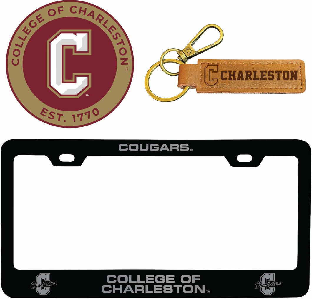 College of Charleston Officially Licensed Auto Pack - Engraved Metal License Plate Frame, Leather Keychain & 2-Pack Logo Stickers 