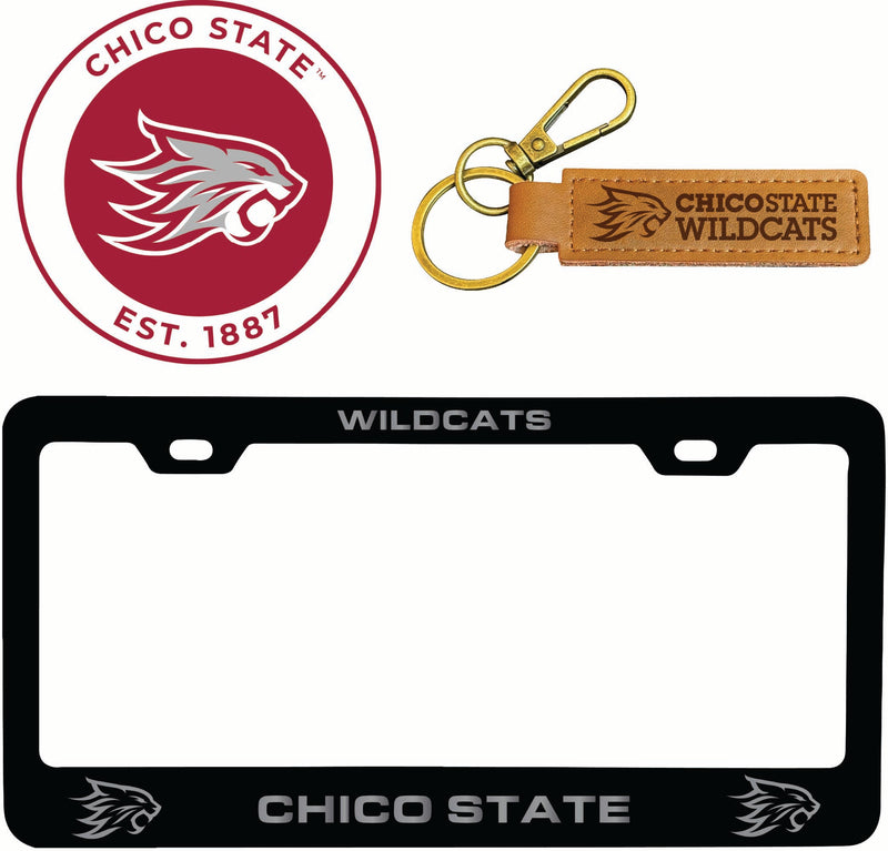 California State University, Chico Officially Licensed Auto Pack - Engraved Metal License Plate Frame, Leather Keychain & 2-Pack Logo Stickers 