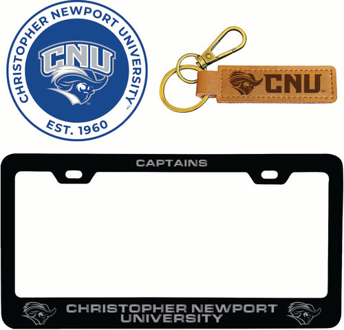 Christopher Newport Captains Officially Licensed Auto Pack - Engraved Metal License Plate Frame, Leather Keychain & 2-Pack Logo Stickers 