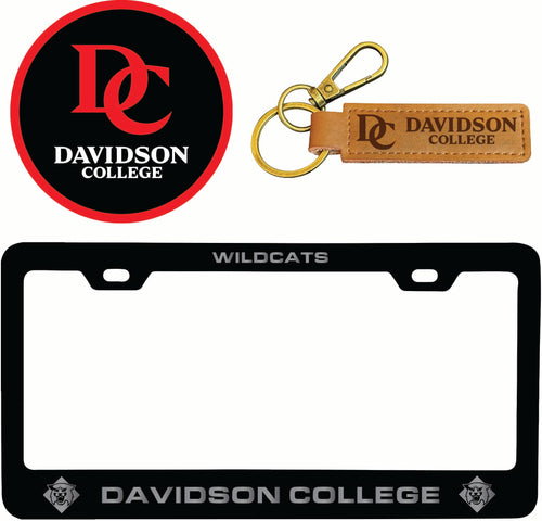 Davidson College Officially Licensed Auto Pack - Engraved Metal License Plate Frame, Leather Keychain & 2-Pack Logo Stickers 