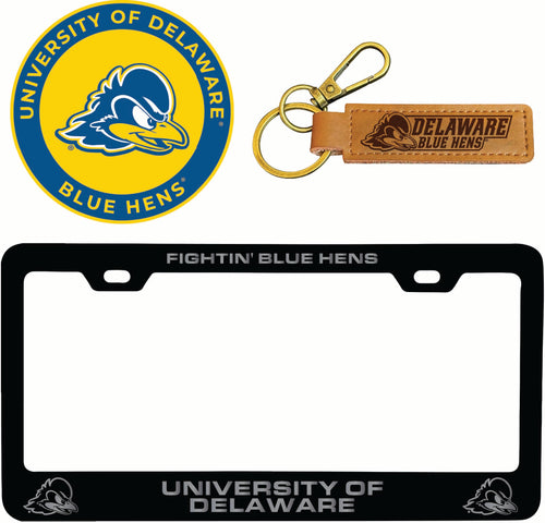 Delaware Blue Hens Officially Licensed Auto Pack - Engraved Metal License Plate Frame, Leather Keychain & 2-Pack Logo Stickers 