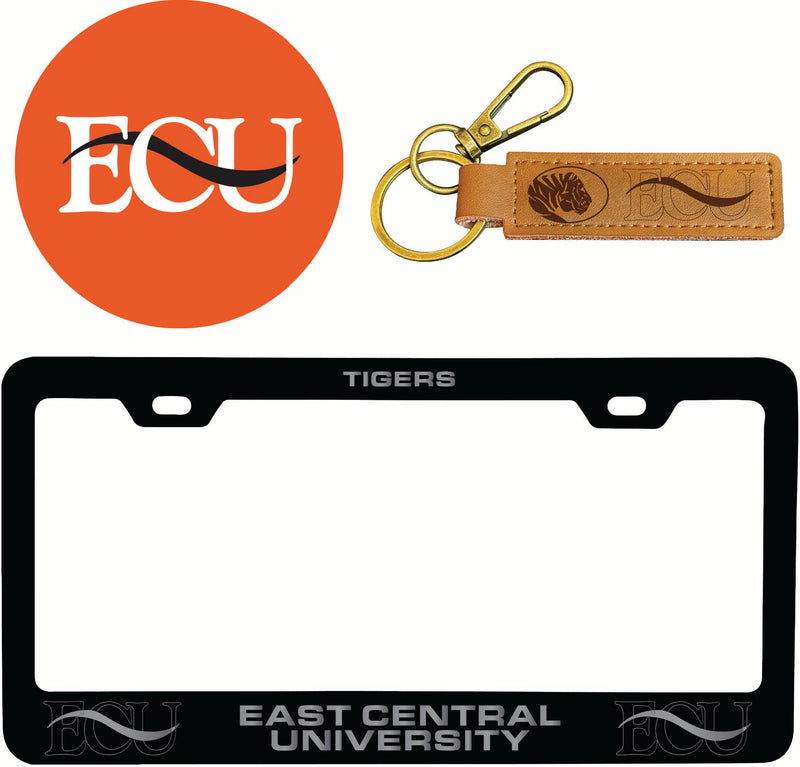 East Central University Tigers Officially Licensed Auto Pack - Engraved Metal License Plate Frame, Leather Keychain & 2-Pack Logo Stickers 