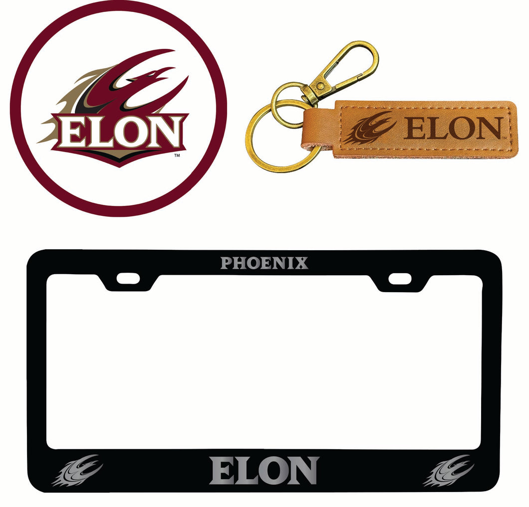 Elon University Officially Licensed Auto Pack - Engraved Metal License Plate Frame, Leather Keychain & 2-Pack Logo Stickers 