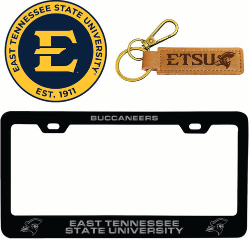 East Tennessee State University Officially Licensed Auto Pack - Engraved Metal License Plate Frame, Leather Keychain & 2-Pack Logo Stickers 