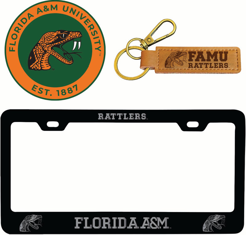 Florida A&M Rattlers Officially Licensed Auto Pack - Engraved Metal License Plate Frame, Leather Keychain & 2-Pack Logo Stickers 