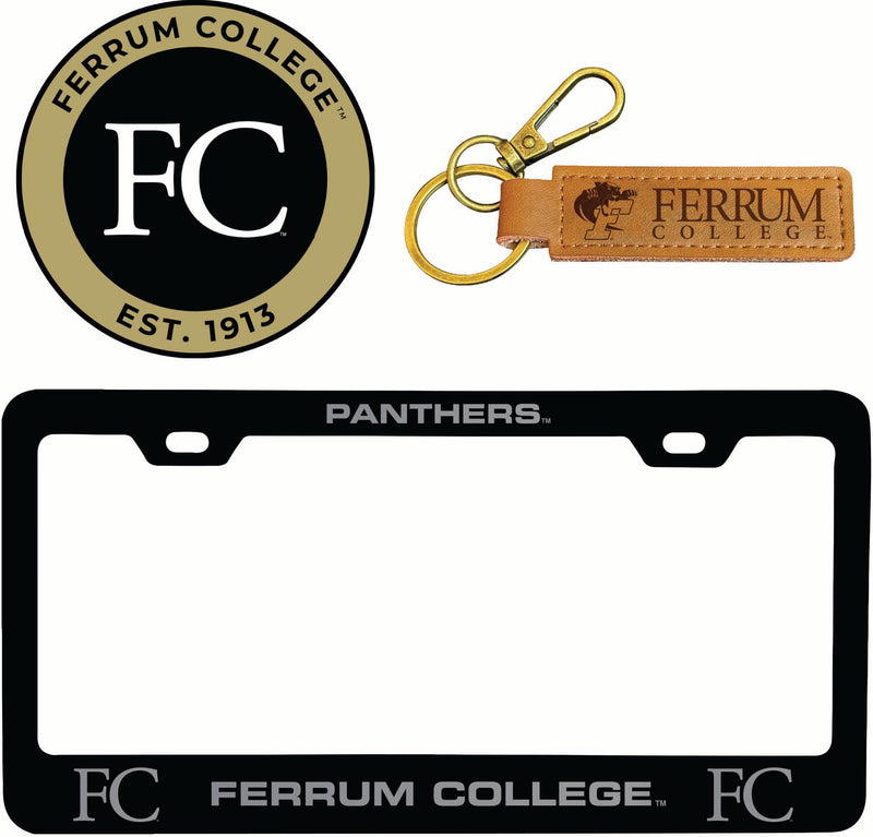 Ferrum College Officially Licensed Auto Pack - Engraved Metal License Plate Frame, Leather Keychain & 2-Pack Logo Stickers 