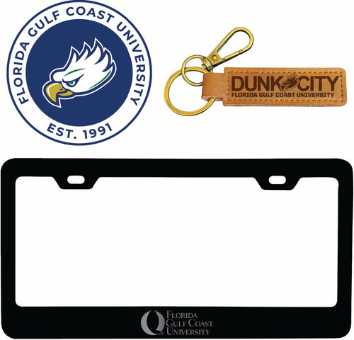 Florida Gulf Coast Eagles Officially Licensed Auto Pack - Engraved Metal License Plate Frame, Leather Keychain & 2-Pack Logo Stickers 