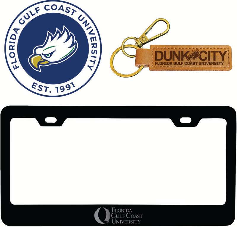 Florida Gulf Coast Eagles Officially Licensed Auto Pack - Engraved Metal License Plate Frame, Leather Keychain & 2-Pack Logo Stickers 
