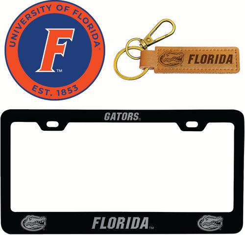 Florida Gators Officially Licensed Auto Pack - Engraved Metal License Plate Frame, Leather Keychain & 2-Pack Logo Stickers 