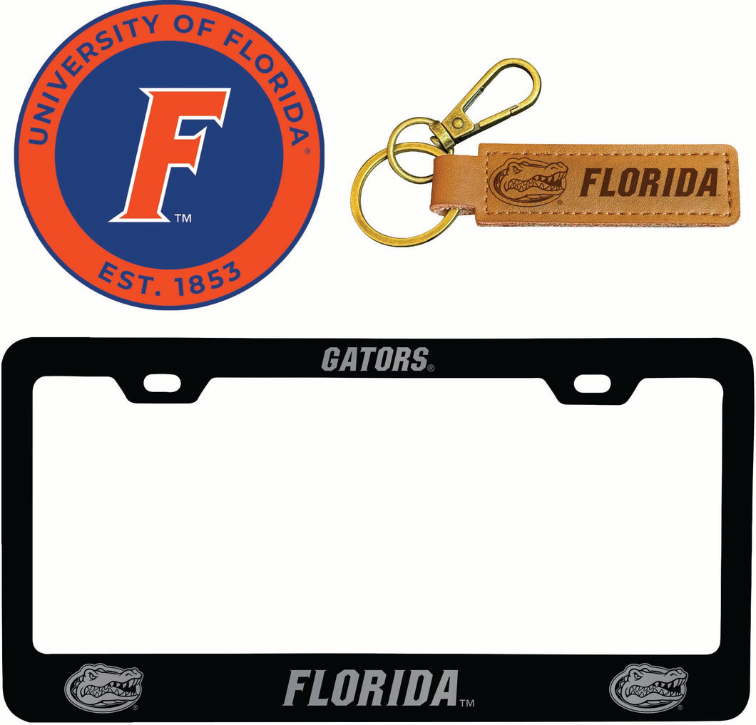 Florida Gators Officially Licensed Auto Pack - Engraved Metal License Plate Frame, Leather Keychain & 2-Pack Logo Stickers 