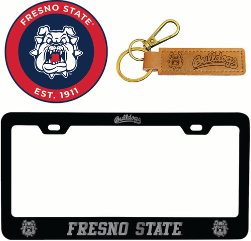 Fresno State Bulldogs Officially Licensed Auto Pack - Engraved Metal License Plate Frame, Leather Keychain & 2-Pack Logo Stickers 