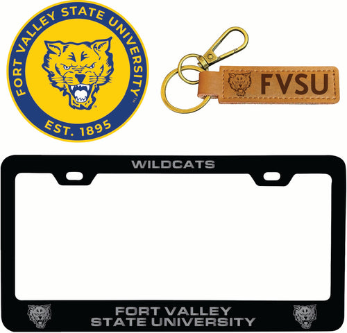 Fort Valley State University Officially Licensed Auto Pack - Engraved Metal License Plate Frame, Leather Keychain & 2-Pack Logo Stickers 