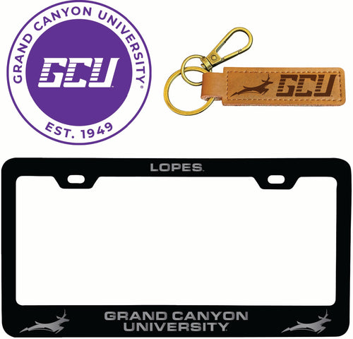 Grand Canyon University Lopes Officially Licensed Auto Pack - Engraved Metal License Plate Frame, Leather Keychain & 2-Pack Logo Stickers 