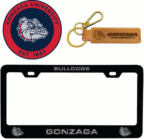 Gonzaga Bulldogs Officially Licensed Auto Pack - Engraved Metal License Plate Frame, Leather Keychain & 2-Pack Logo Stickers 