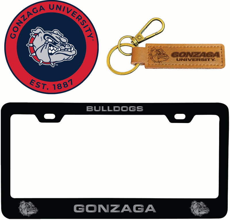 Gonzaga Bulldogs Officially Licensed Auto Pack - Engraved Metal License Plate Frame, Leather Keychain & 2-Pack Logo Stickers 
