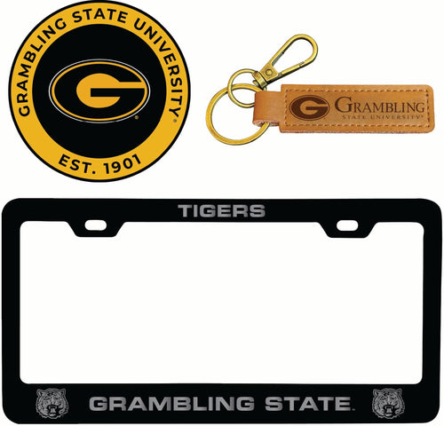 Grambling State Tigers Officially Licensed Auto Pack - Engraved Metal License Plate Frame, Leather Keychain & 2-Pack Logo Stickers 