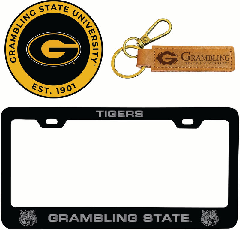 Grambling State Tigers Officially Licensed Auto Pack - Engraved Metal License Plate Frame, Leather Keychain & 2-Pack Logo Stickers 