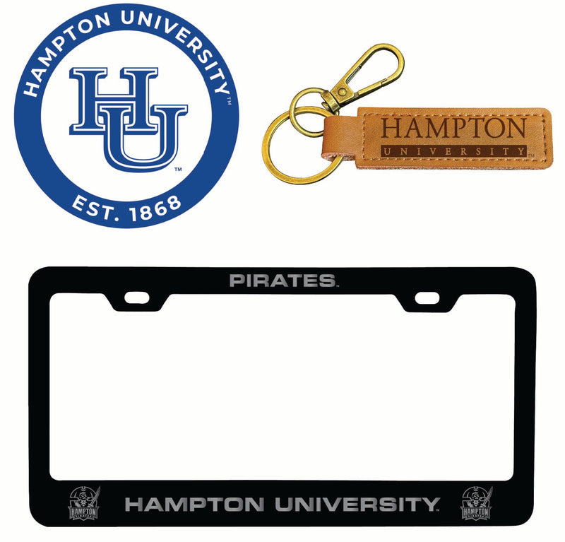 Hampton University Officially Licensed Auto Pack - Engraved Metal License Plate Frame, Leather Keychain & 2-Pack Logo Stickers 